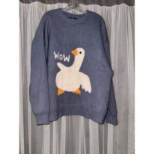 Elfric Eden "Wow" Goose Graphic Sweater XL Blue Knit Pullover Casual Unisex stre